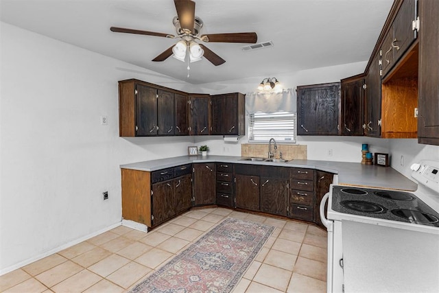 kitchen featuring electric range, dark brown cabinetry, and sink