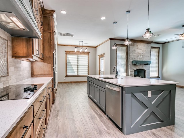 kitchen featuring gray cabinetry, dishwasher, decorative light fixtures, a kitchen island with sink, and custom exhaust hood