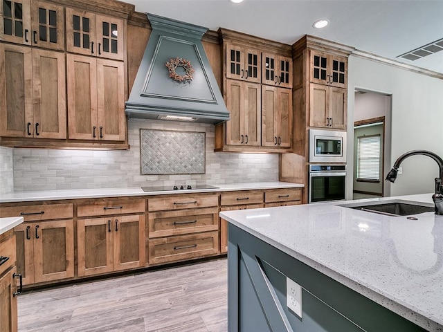 kitchen with decorative backsplash, premium range hood, stainless steel appliances, sink, and light hardwood / wood-style flooring