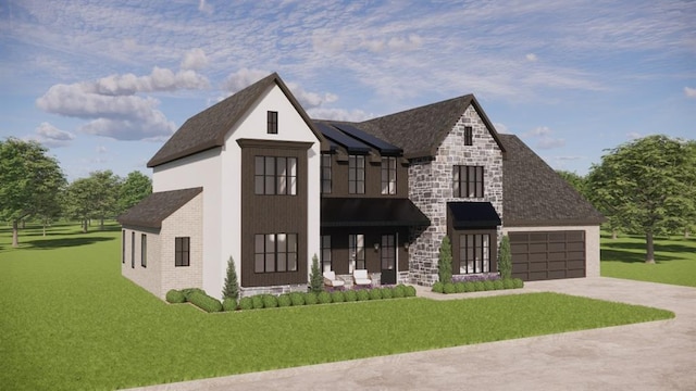 view of front facade featuring concrete driveway, a front lawn, stone siding, and brick siding