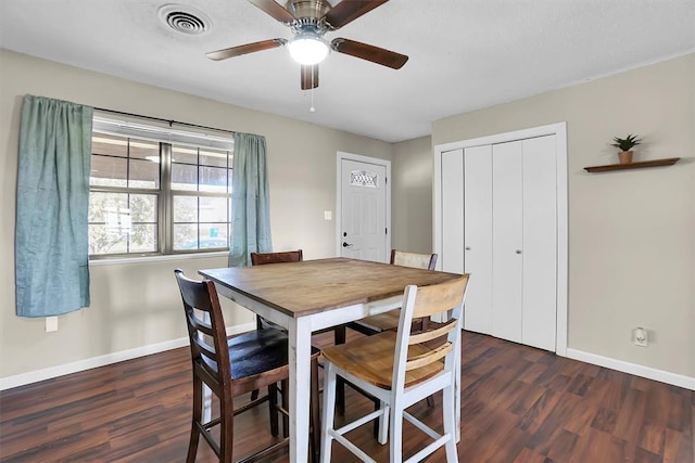 dining room featuring ceiling fan and dark wood-type flooring