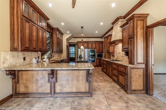 kitchen with kitchen peninsula, tasteful backsplash, ornamental molding, stainless steel appliances, and hanging light fixtures