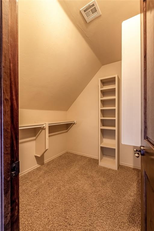 spacious closet featuring carpet flooring and lofted ceiling