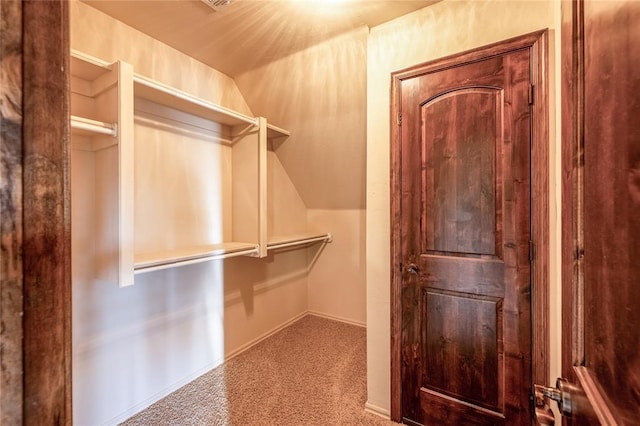 walk in closet featuring carpet floors and vaulted ceiling