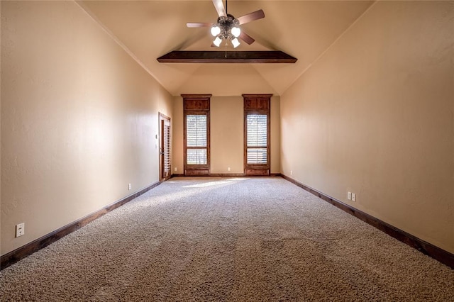 empty room featuring carpet flooring, vaulted ceiling with beams, and ceiling fan