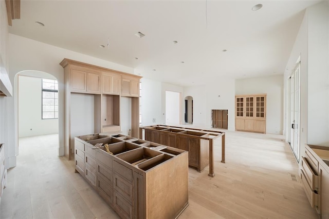 kitchen with a center island, light brown cabinets, and light wood-type flooring