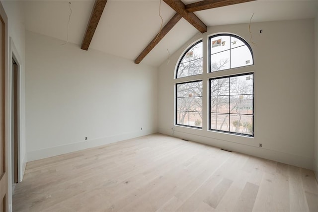 interior space with beam ceiling, high vaulted ceiling, and light hardwood / wood-style flooring