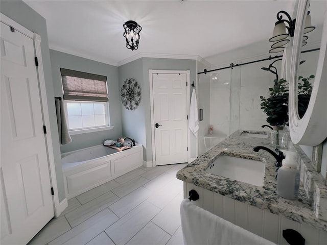 bathroom with vanity, independent shower and bath, and ornamental molding