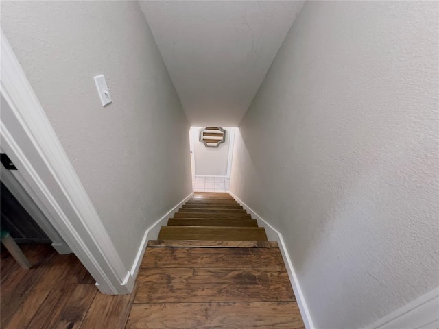 stairway featuring wood-type flooring