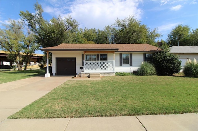 ranch-style home featuring a front yard, a porch, and a garage