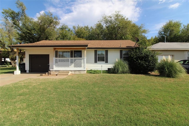 ranch-style house featuring a front lawn, a porch, and a garage