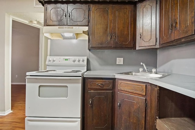5825 NW 34th St, Oklahoma City, OK 73122 - kitchen featuring electric range, under cabinet range hood, a sink, and light countertops