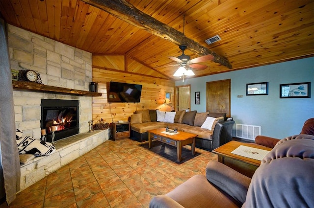 living room with lofted ceiling with beams, wooden walls, ceiling fan, a fireplace, and wood ceiling