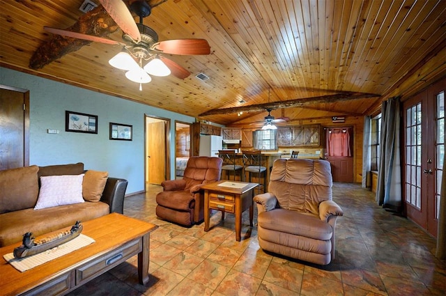 living room featuring lofted ceiling with beams and wood ceiling