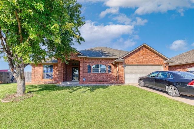 single story home featuring a front lawn and a garage