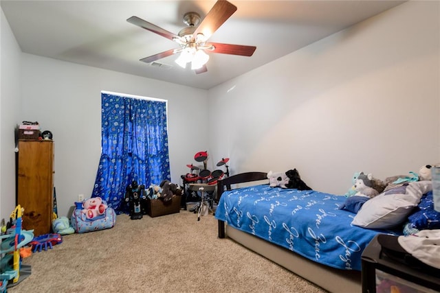 bedroom featuring carpet flooring and ceiling fan