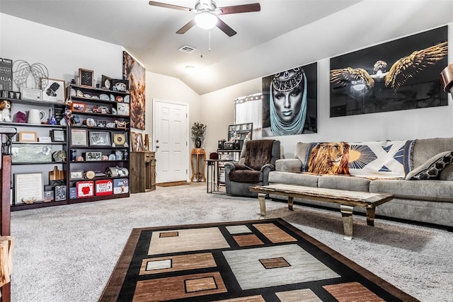 living room with carpet, vaulted ceiling, and ceiling fan