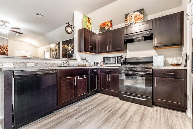 kitchen featuring dark brown cabinetry, ceiling fan, light hardwood / wood-style floors, lofted ceiling, and black appliances