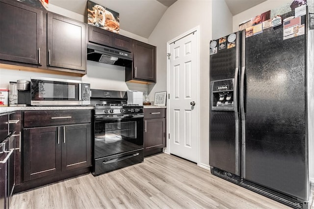 kitchen with dark brown cabinets, light hardwood / wood-style floors, lofted ceiling, and black appliances