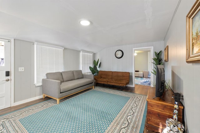 living room with vaulted ceiling and wood-type flooring