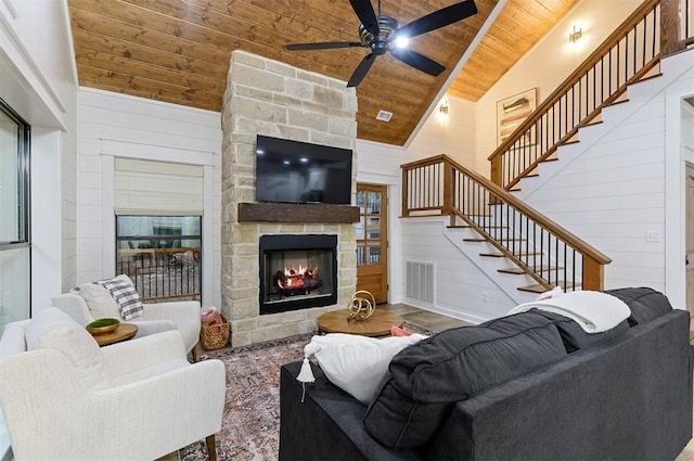 living room featuring wood walls, a fireplace, high vaulted ceiling, and wood ceiling