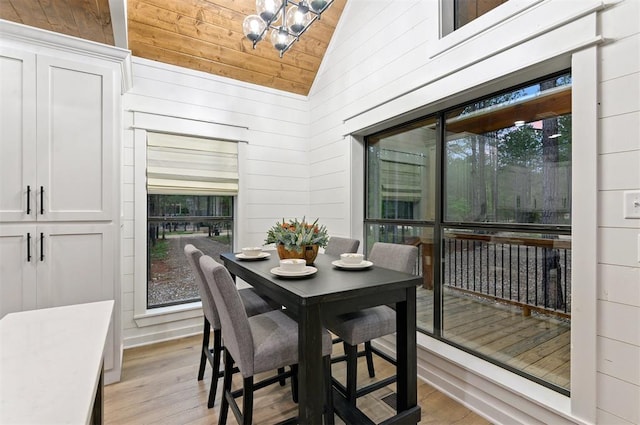 dining area featuring light hardwood / wood-style floors, plenty of natural light, lofted ceiling, and wood ceiling