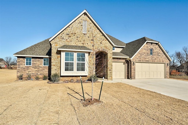 view of front of house featuring brick siding, a shingled roof, an attached garage, stone siding, and driveway