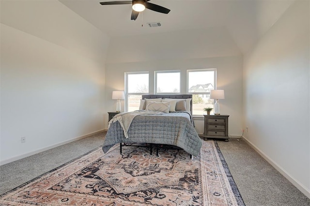 bedroom with light carpet, baseboards, visible vents, and ceiling fan