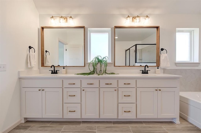 bathroom with double vanity, a shower stall, a washtub, and a sink