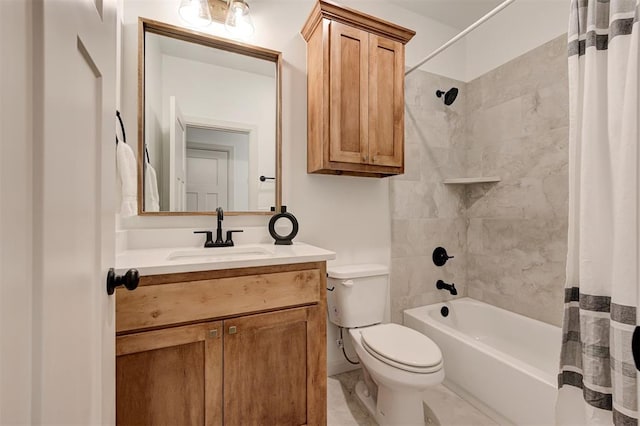 full bath featuring toilet, shower / bathtub combination with curtain, and vanity