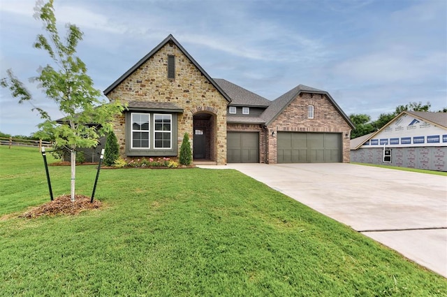 14500 Rushing Ln, Edmond, OK 73025 - view of front of house featuring driveway, brick siding, an attached garage, a shingled roof, and stone siding