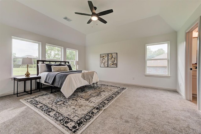 14500 Rushing Ln, Edmond, OK 73025 - bedroom featuring carpet floors, lofted ceiling, baseboards, and ceiling fan