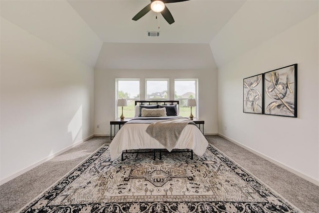 14500 Rushing Ln, Edmond, OK 73025 - bedroom with light colored carpet, lofted ceiling, a ceiling fan, and baseboards