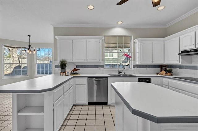 kitchen featuring sink, dishwasher, a center island, white cabinets, and black electric cooktop