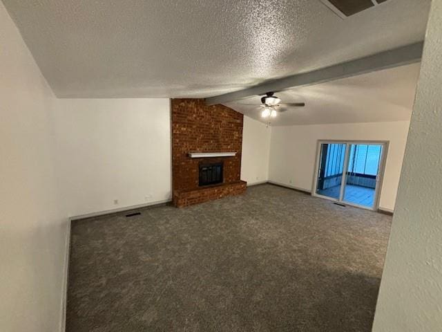 unfurnished living room featuring a fireplace, vaulted ceiling with beams, and carpet flooring