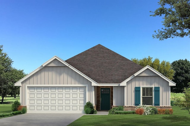 view of front of house featuring an attached garage, a shingled roof, driveway, board and batten siding, and a front yard