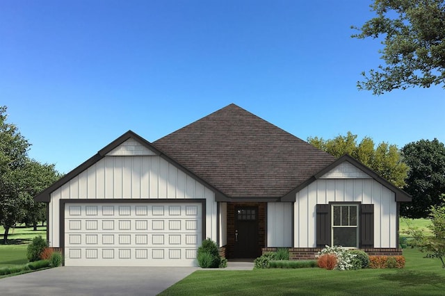 view of front facade featuring a garage, driveway, a shingled roof, board and batten siding, and a front yard