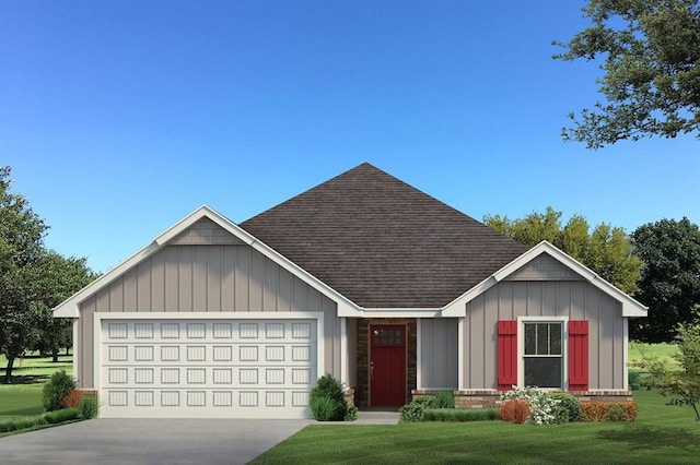 view of front of house with driveway, roof with shingles, an attached garage, a front lawn, and board and batten siding