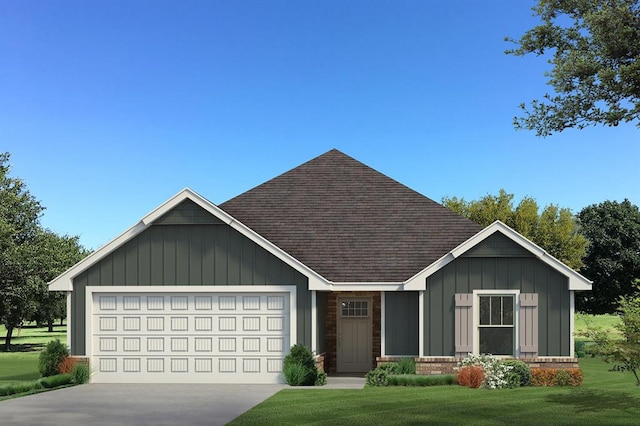 view of front of house with an attached garage, a shingled roof, concrete driveway, a front lawn, and board and batten siding