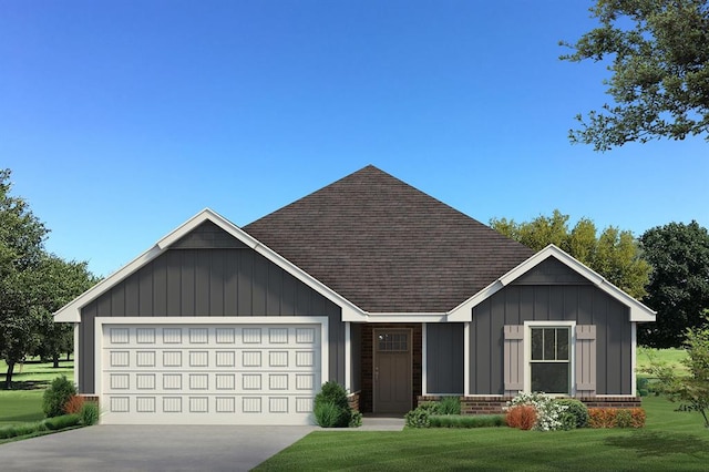 view of front of house with driveway, brick siding, a front lawn, and an attached garage