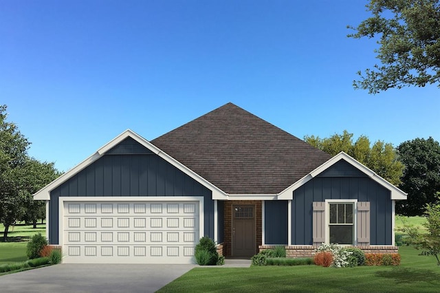 view of front of property featuring driveway, a garage, a front lawn, and board and batten siding