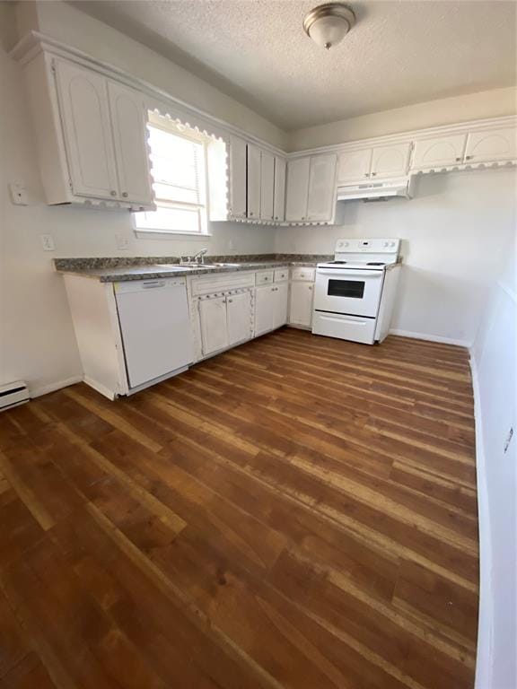 kitchen featuring a textured ceiling, white appliances, dark hardwood / wood-style floors, and white cabinetry