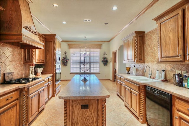 kitchen with premium range hood, sink, ornamental molding, and black dishwasher