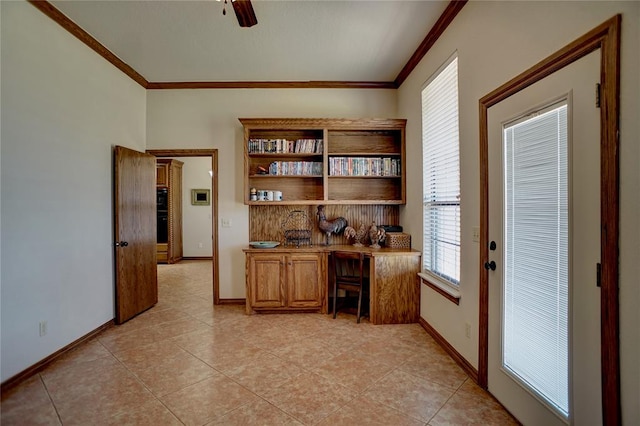 office area featuring ceiling fan, light tile patterned flooring, and ornamental molding