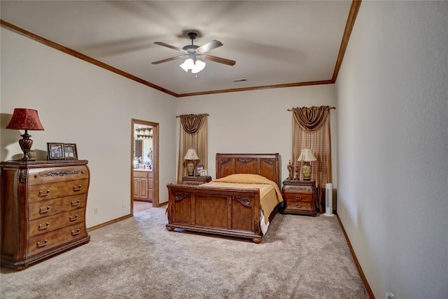 carpeted bedroom with ensuite bath, ceiling fan, and ornamental molding