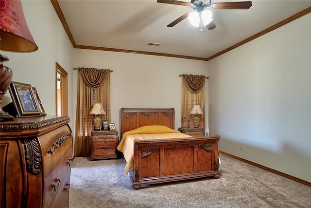 bedroom with ceiling fan, light colored carpet, and ornamental molding