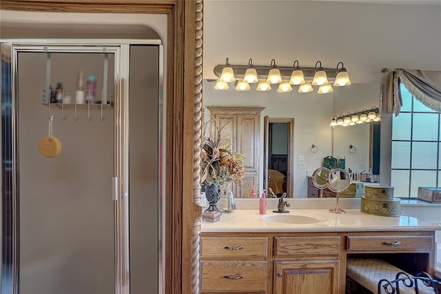 bathroom featuring vanity and walk in shower