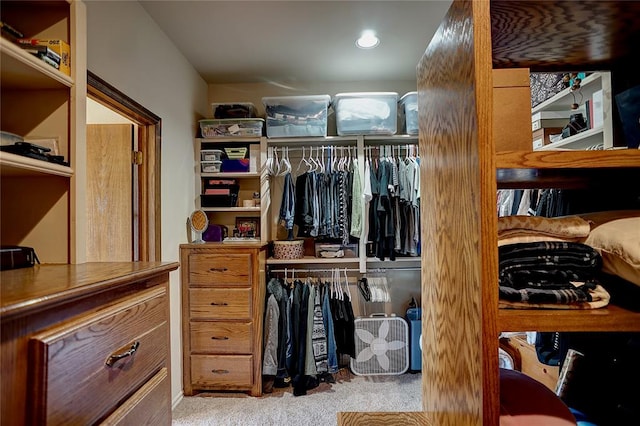 walk in closet featuring light carpet