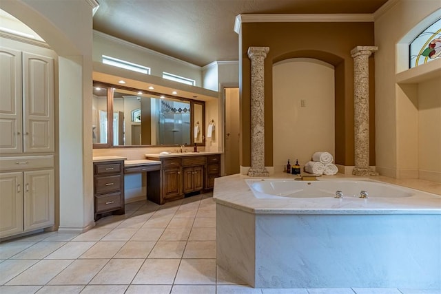 bathroom featuring ornamental molding, vanity, a bath, and tile patterned floors