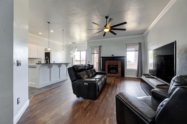 living room with ceiling fan, sink, dark hardwood / wood-style floors, crown molding, and a fireplace